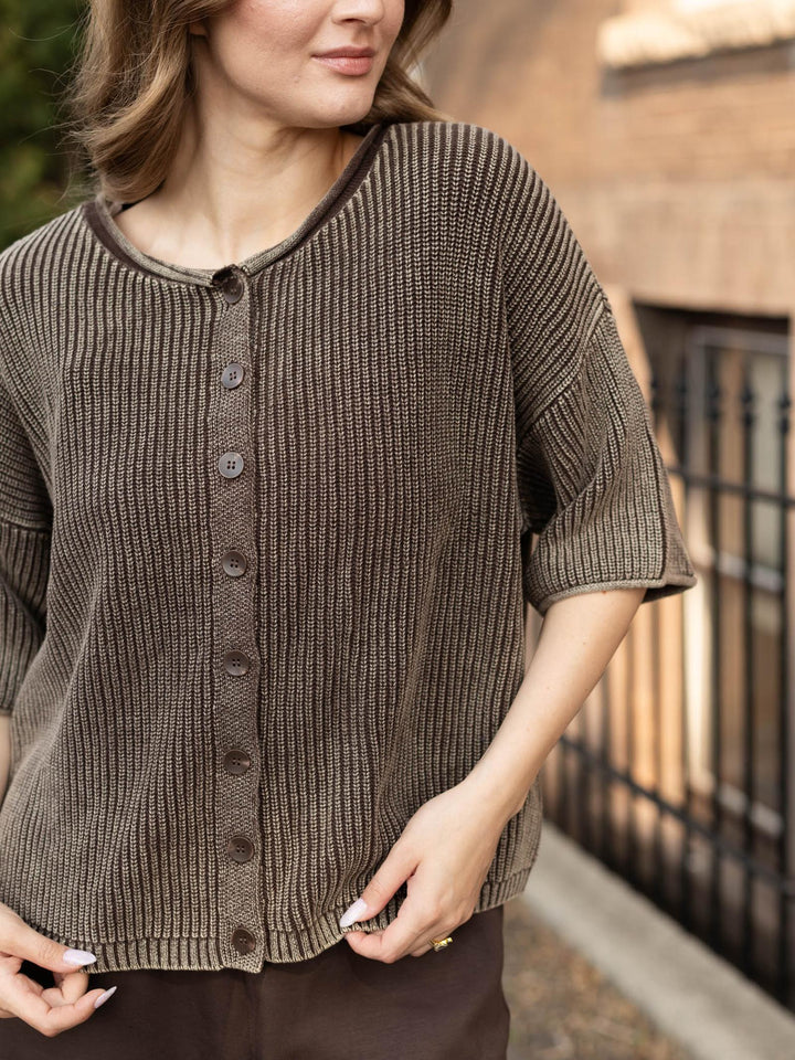 Washed Ribbed Short Sleeve Rolled Edge Cardigan