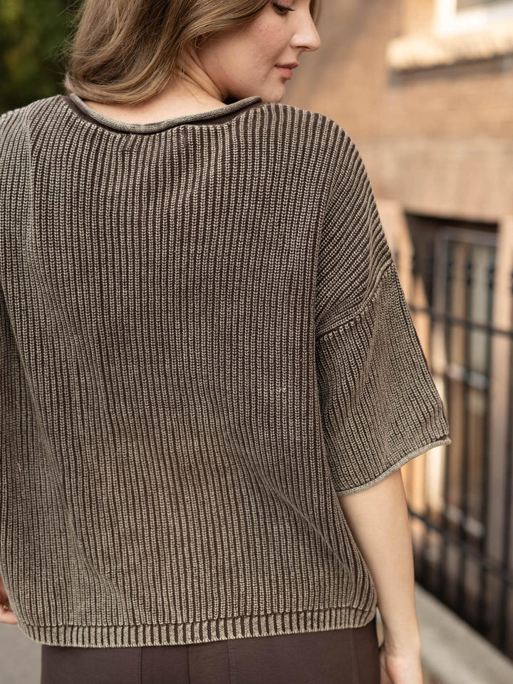 Washed Ribbed Short Sleeve Rolled Edge Cardigan