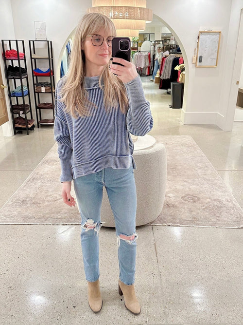 blue colored boxy sweater