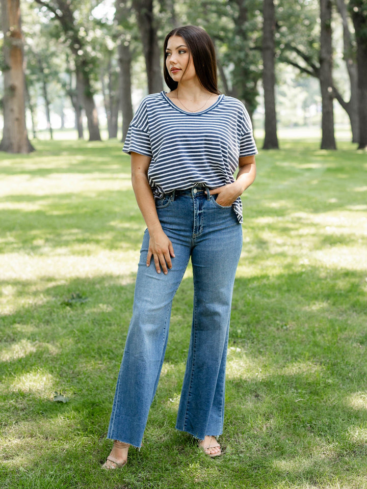 navy and white stripe tee
