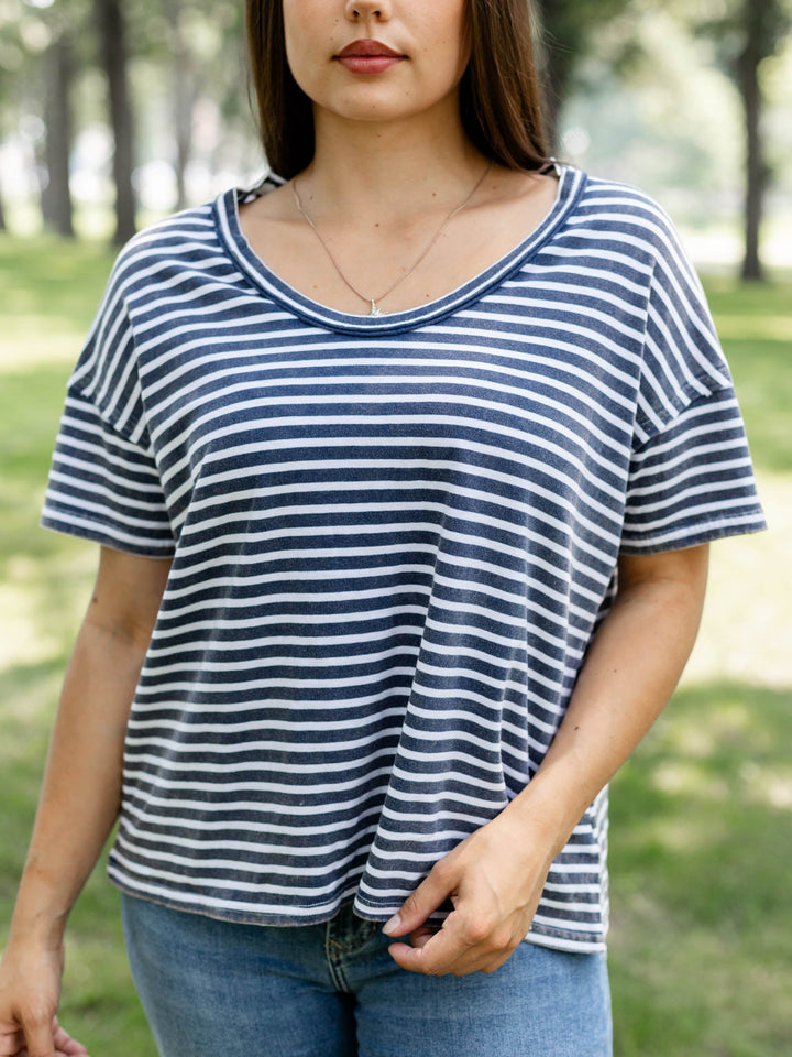 navy and white stripe tee