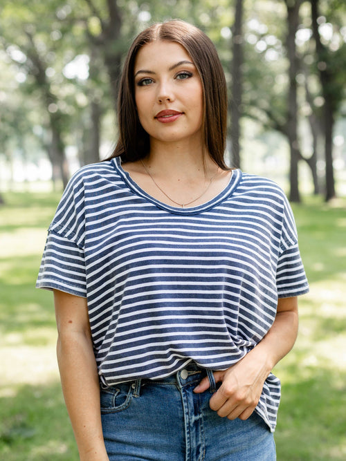 navy and white stripe tee