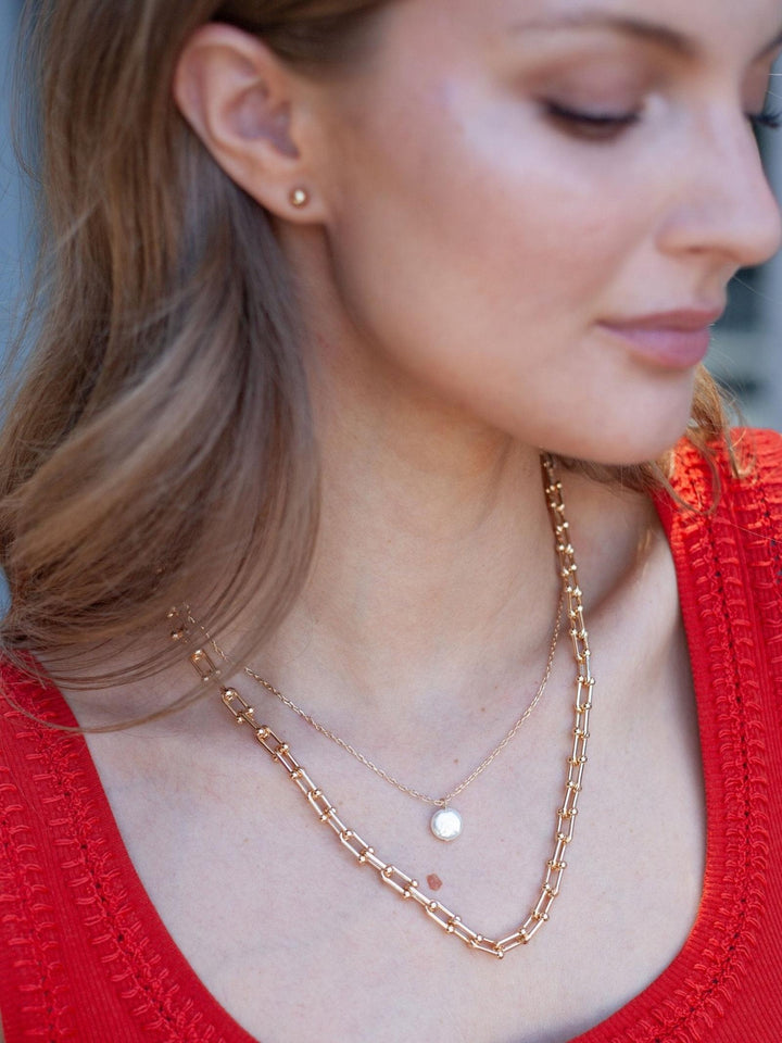 Water Resistant Thin Gold Coin Pearl Chain