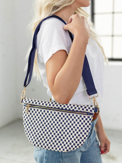 navy and cream checkered bum bag