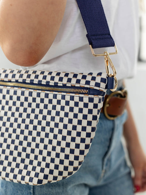 navy and cream checkered bum bag