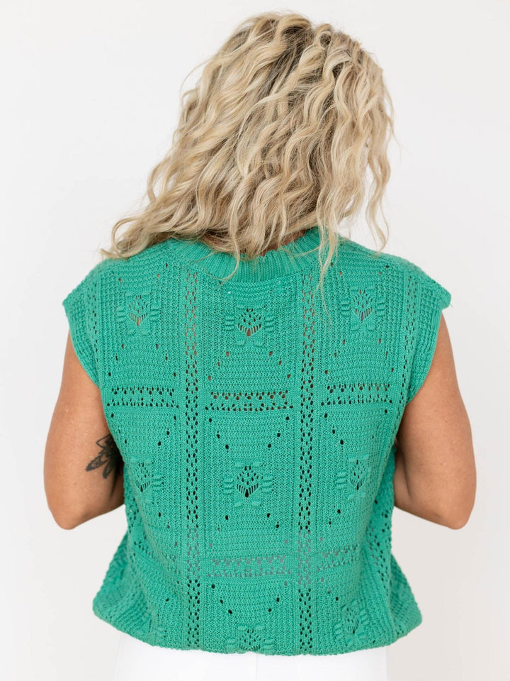 green crochet wide neck short sleeve sweater