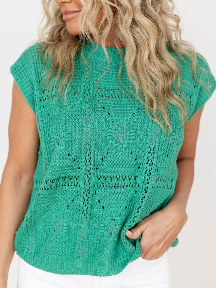 green crochet wide neck short sleeve sweater