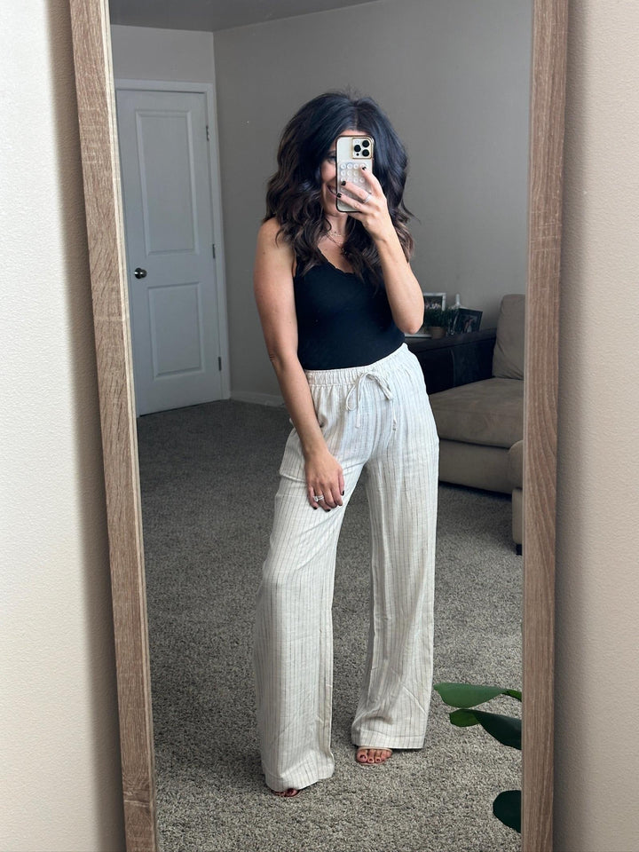 wide leg pinstripe linen pants