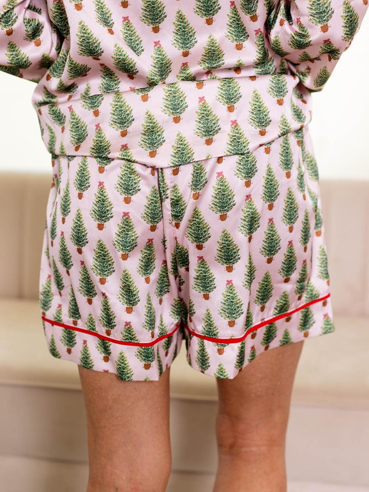 pink and green satin christmas tree pj set