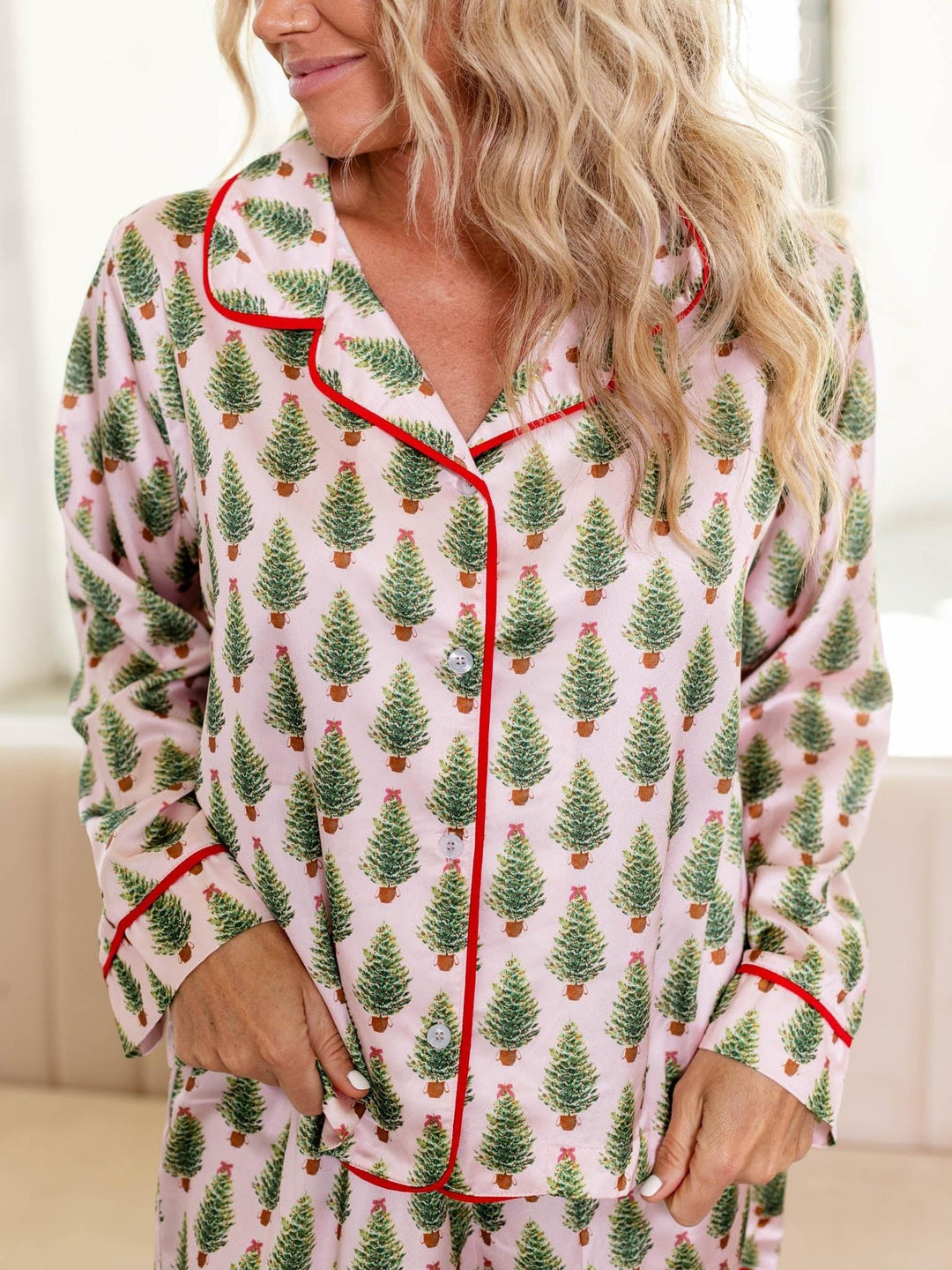 pink and green satin christmas tree pj set