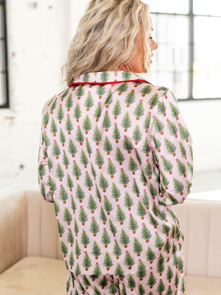 pink and green satin christmas tree pj set