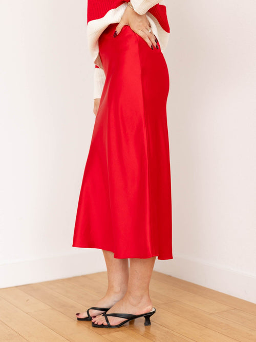 red satin midi skirt