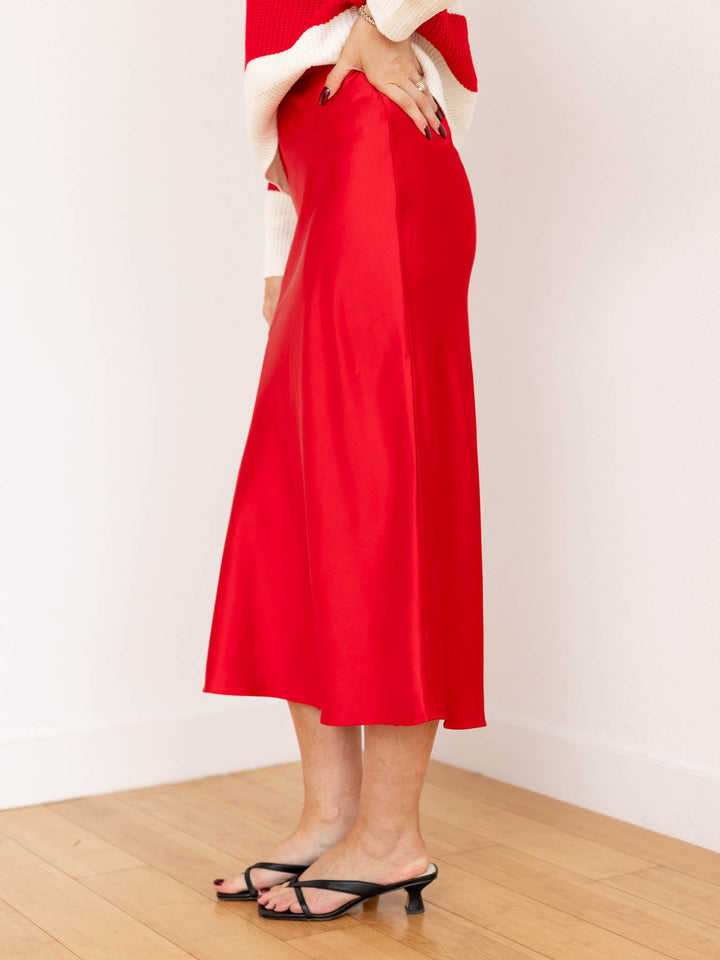 red satin midi skirt