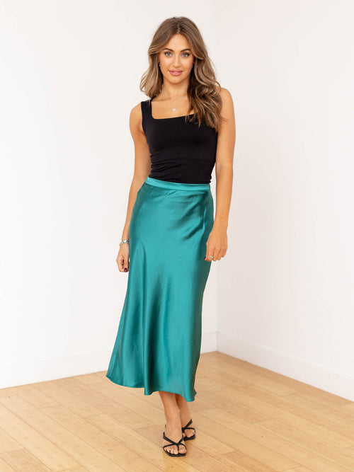 jeweled green satin midi skirt
