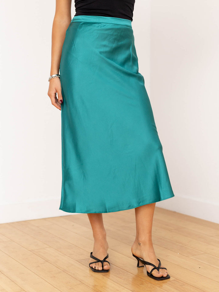 jeweled green satin midi skirt