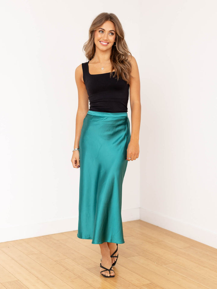 jeweled green satin midi skirt