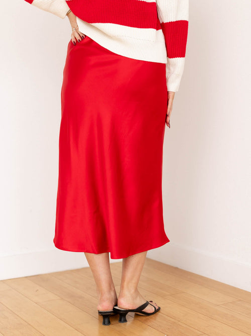 red satin midi skirt
