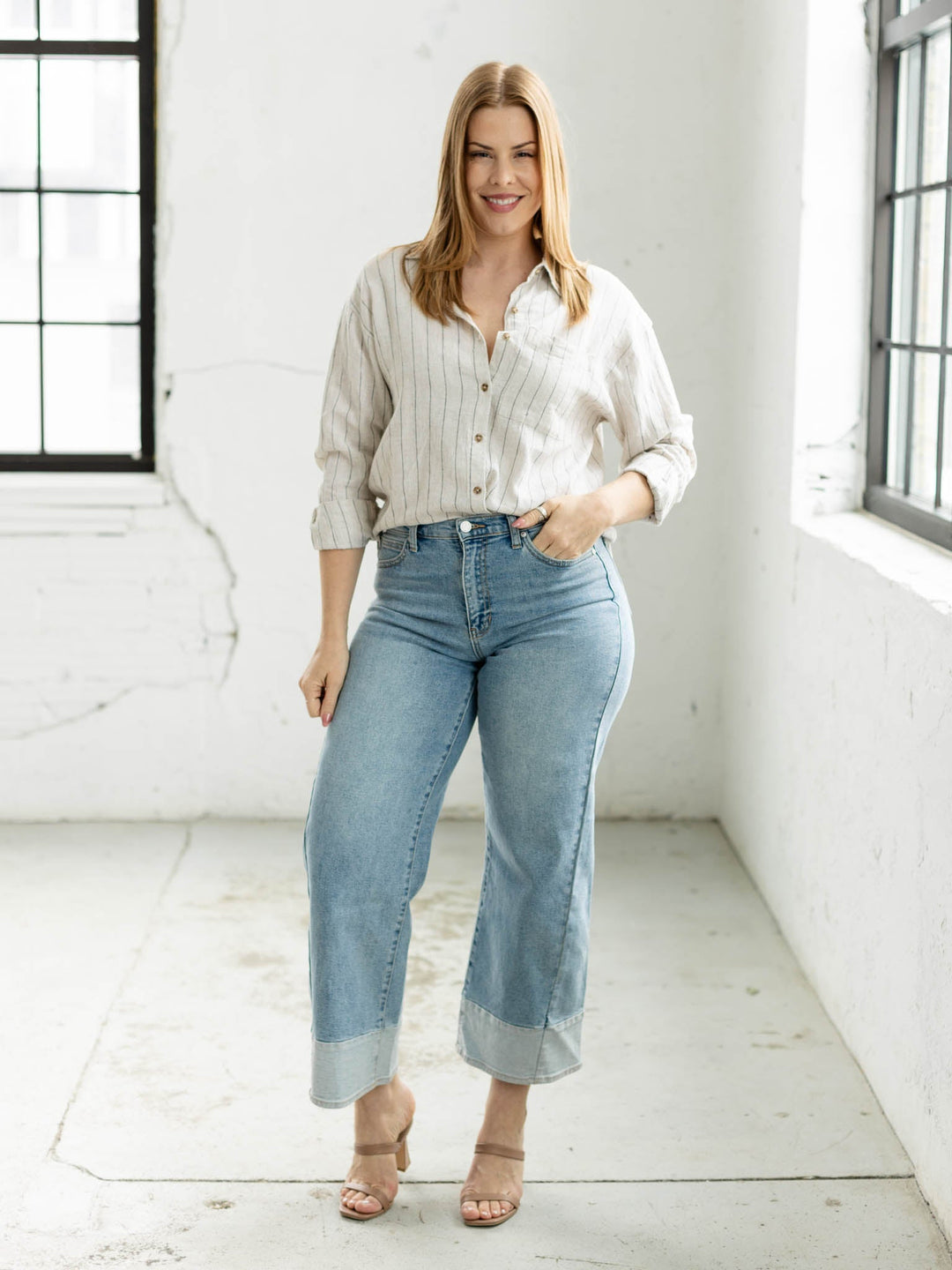 lightweight washed stripe long sleeve top