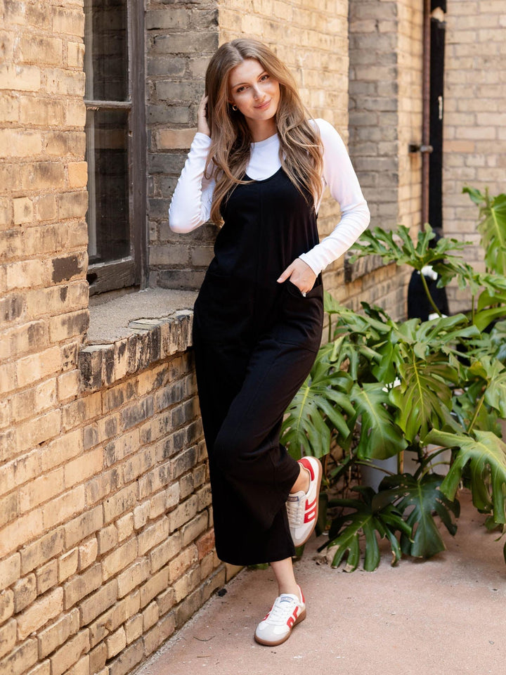 solid black wide leg knit jumpsuit