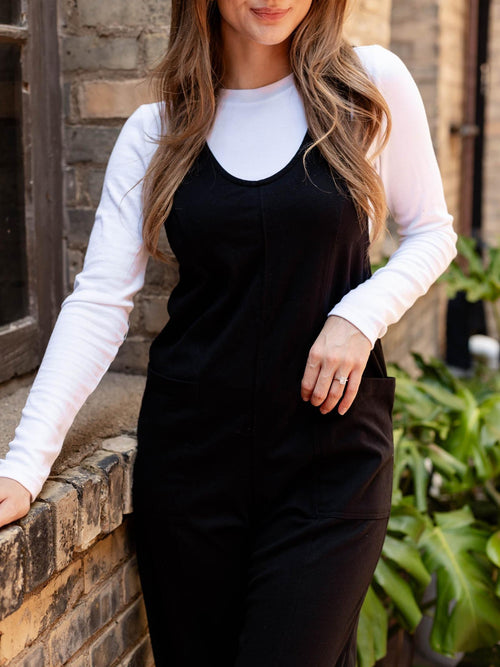 solid black wide leg knit jumpsuit