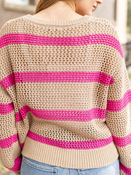 stripe color block open knit sweater