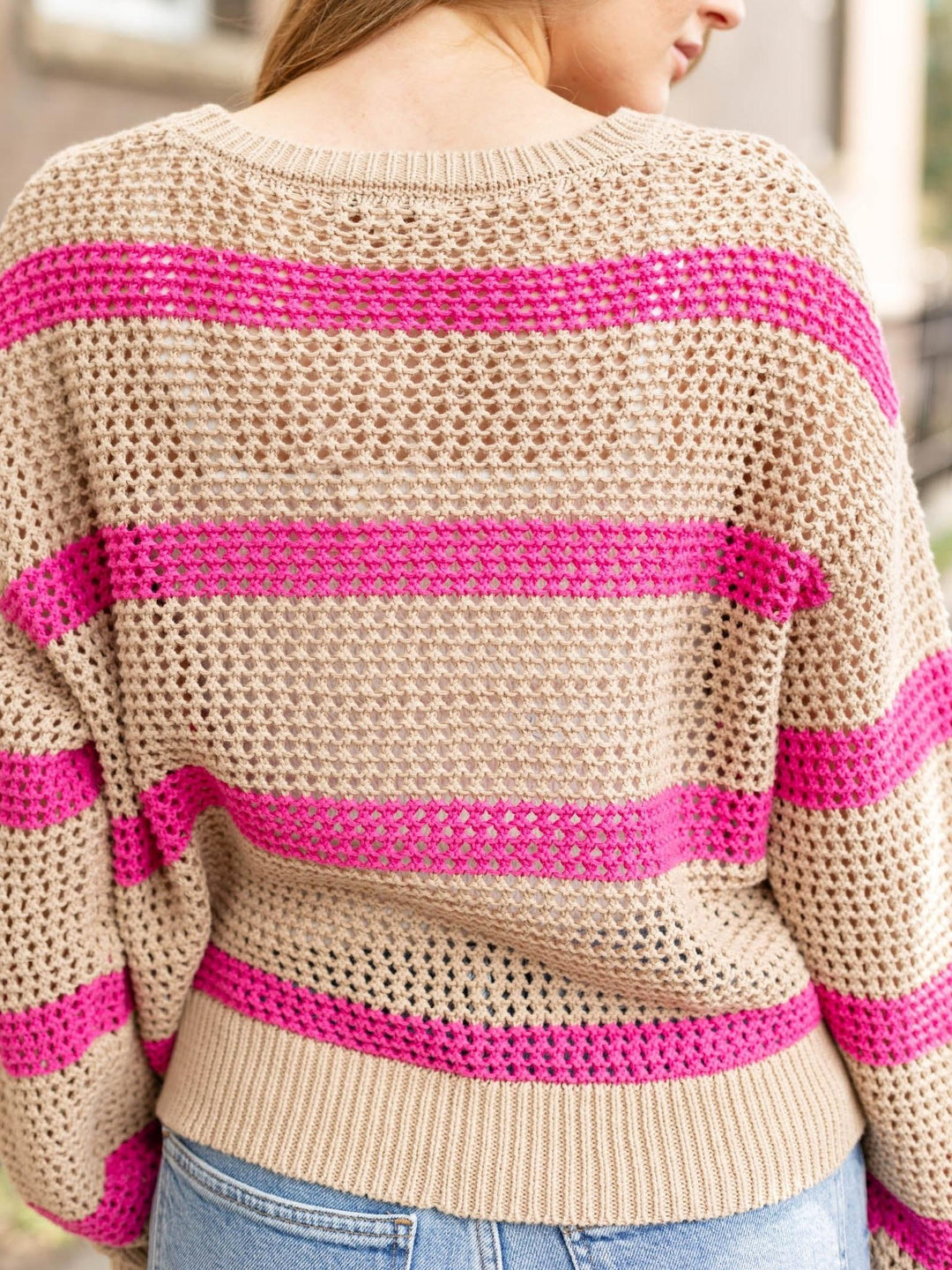 stripe color block open knit sweater