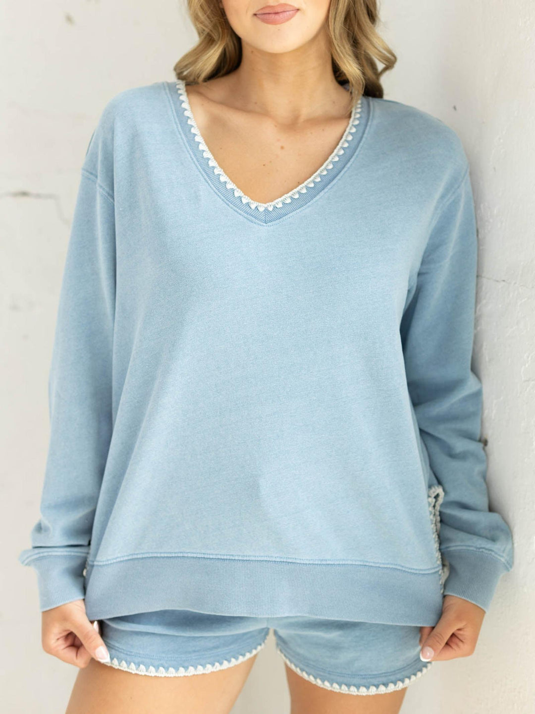 Z Supply Cam Knit Denim Whipstitch Top