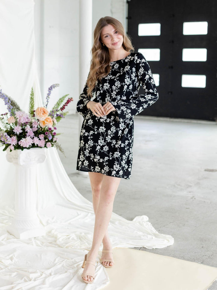 black and white floral mini dress