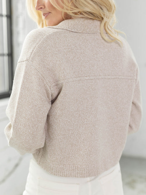 shorter cropped tan sweater knit cardigan