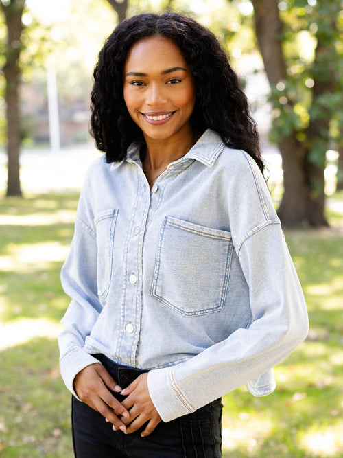 washed cropped knit denim jacket