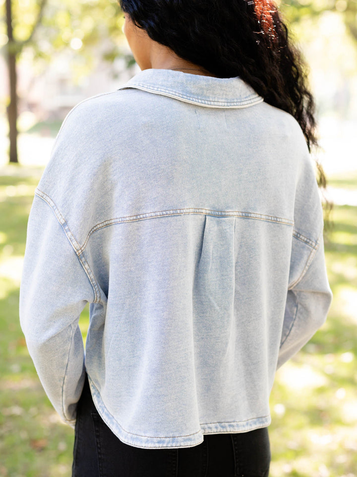 washed cropped knit denim jacket