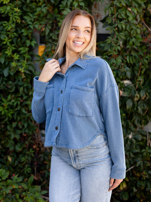 washed knit denim cropped top