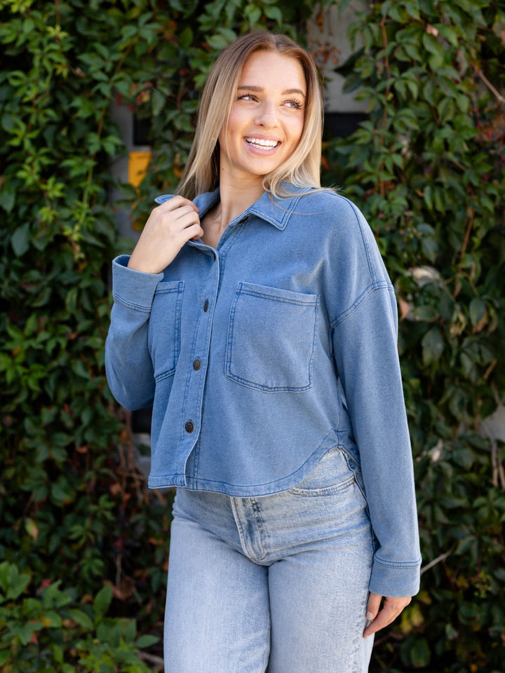 washed knit denim cropped top