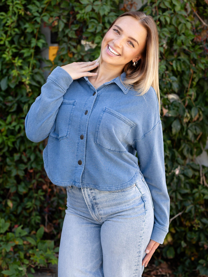 washed knit denim cropped top