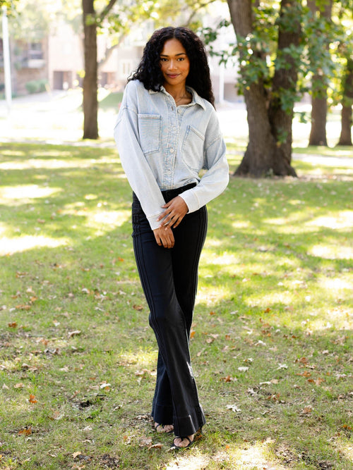 washed cropped knit denim jacket