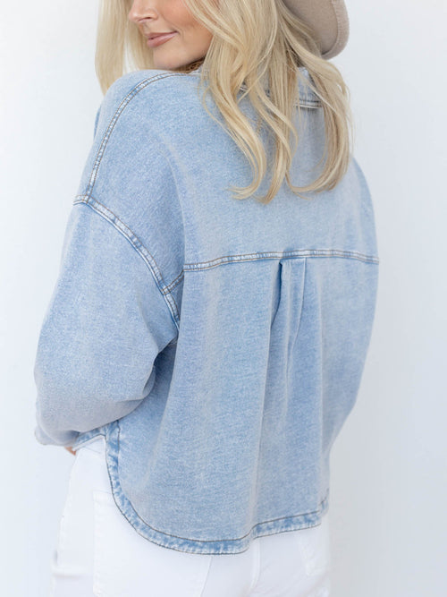 cropped boxy washed light blue shacket