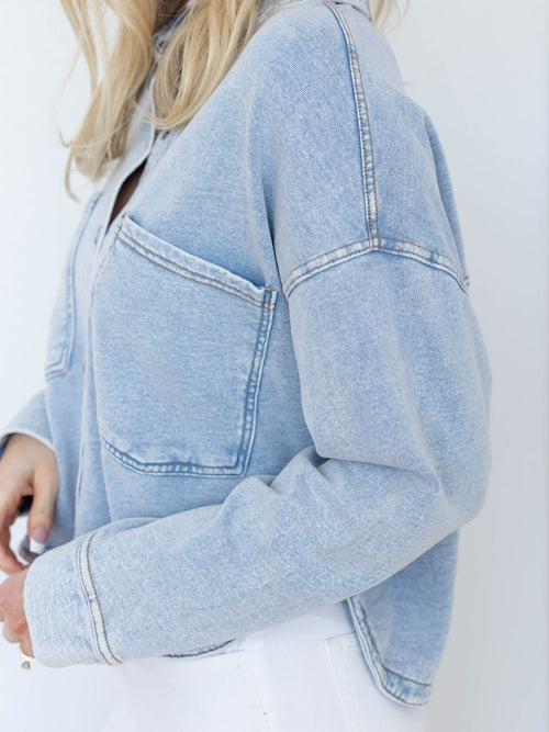 cropped boxy washed light blue shacket