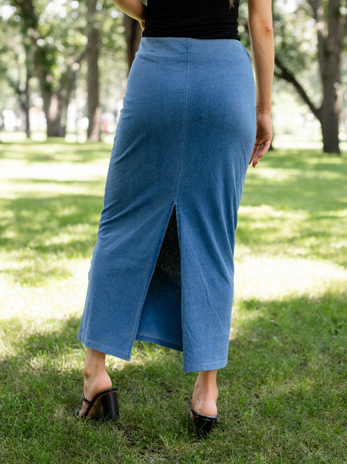 washed blue fitted midi skirt