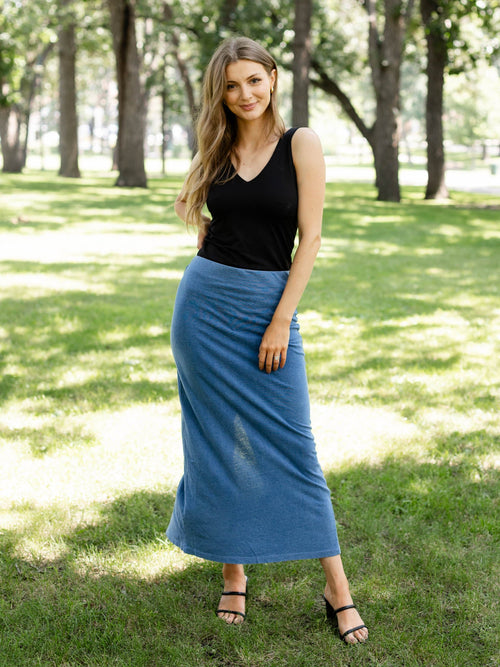 washed blue fitted midi skirt