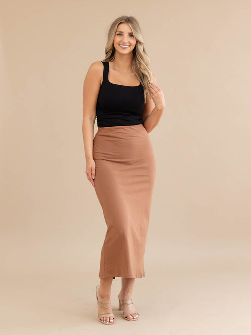 tan midi length fitted skirt