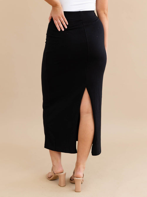 solid black fitted midi skirt