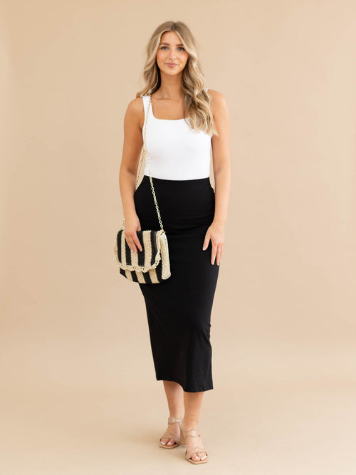 solid black fitted midi skirt