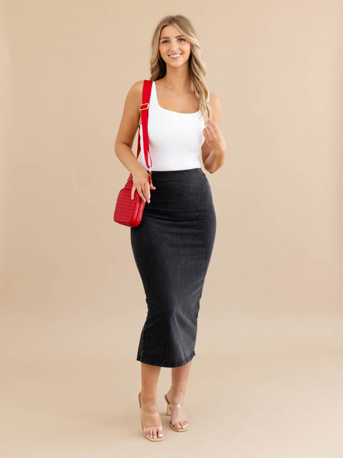 washed black midi skirt