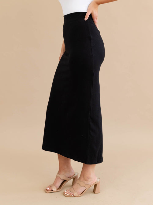 solid black fitted midi skirt