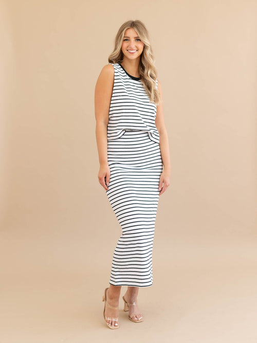 black and white stripe fitted midi skirt