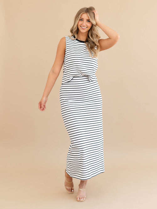 black and white stripe fitted midi skirt