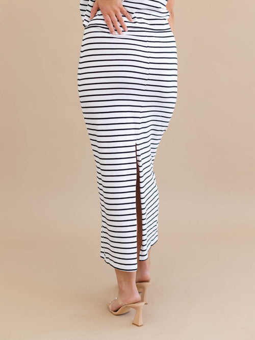 black and white stripe fitted midi skirt