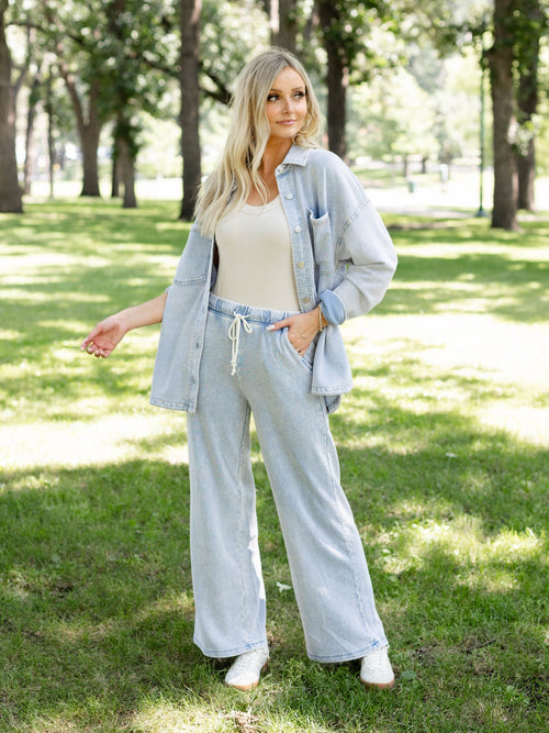 washed blue drawstring pants