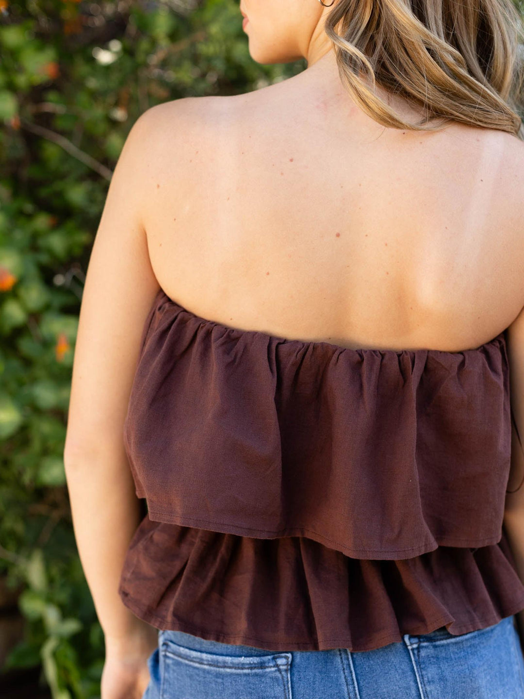 Z Supply Mabel Top: Chocolate Cherry strapless ruffled linen-rayon top with a fitted waist and flowy hem.