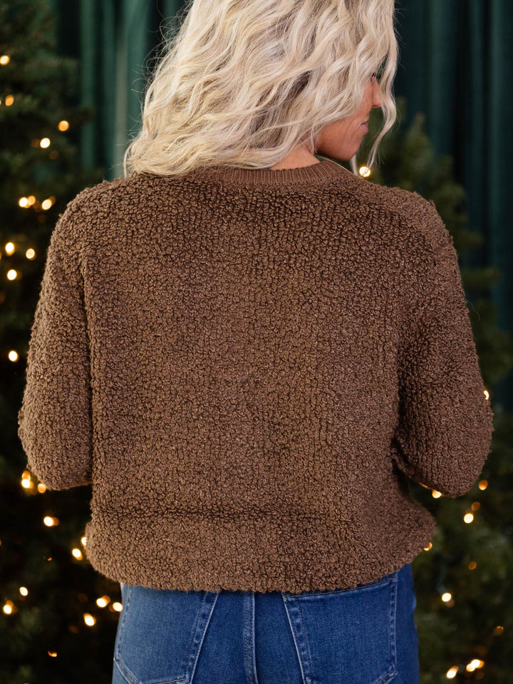 brown fuzzy button down cardigan